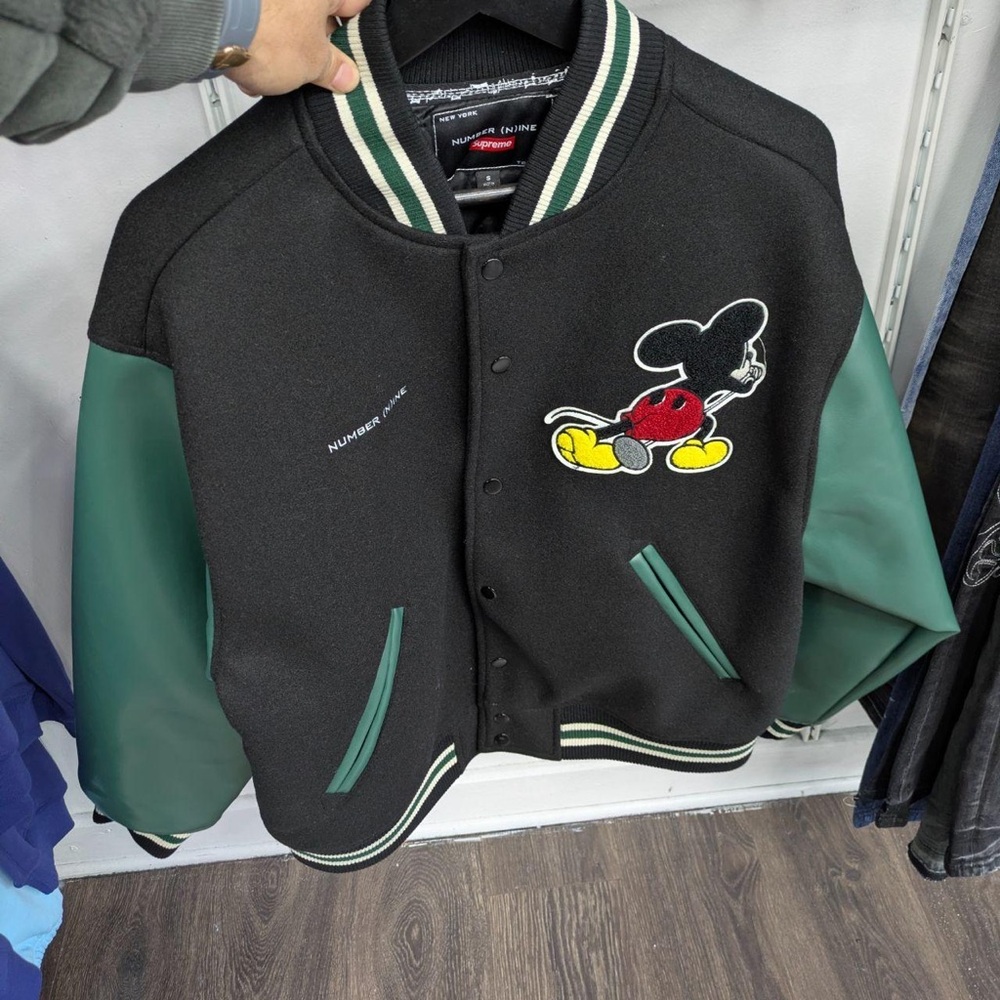 Supreme Black and Green Varsity Jacket with Cartoon Patch